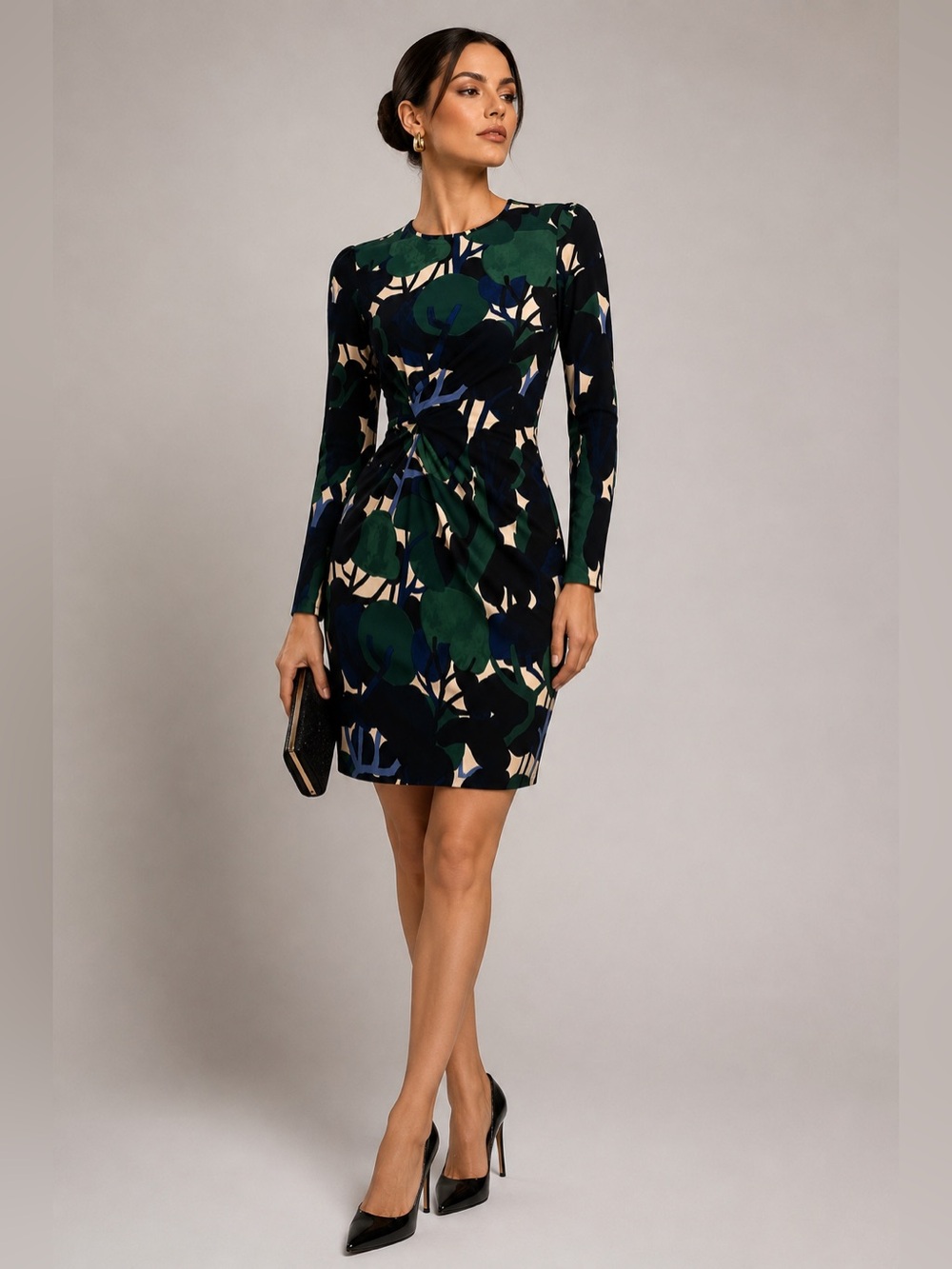 Ann Taylor Abstract Botanical Faux Wrap Dress Size 0 Autumn Fall Long Sleeve